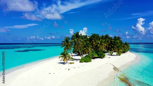 Tropical island, white sand beach, turquoise water, palm trees, sunny sky, and fluffy clouds