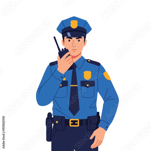 Officer in uniform speaks into a walkie-talkie, looking serious