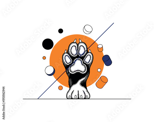 Black and white detailed paw placed firmly on minimal ground line, bright orange circular halo behind the paw, thin navy diagonal stripe cutting composition
