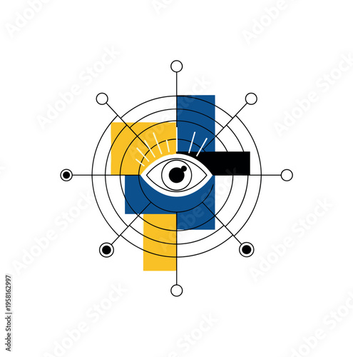 black-and-white eye symbol representing impressions and reach as the main object, geometric circles radiating outward like data signals, yellow and deep blue