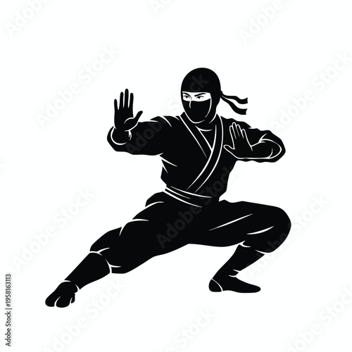Silhouette of a ninja in a defensive stance, hands raised