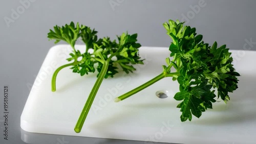 Two sprigs of green, curly parsley on a white cutting board against a gray background