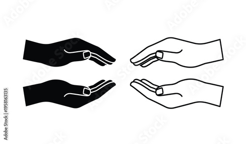 Four hands in silhouette and line art offering or receiving something palms up and down in pairs