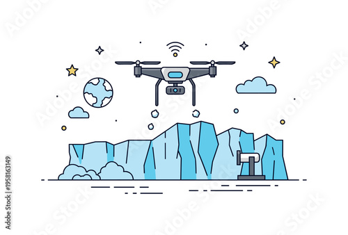 Research drone flying over Antarctic glaciers capturing aerial imagery, representing innovation, technology, and environmental observation in extreme climates.