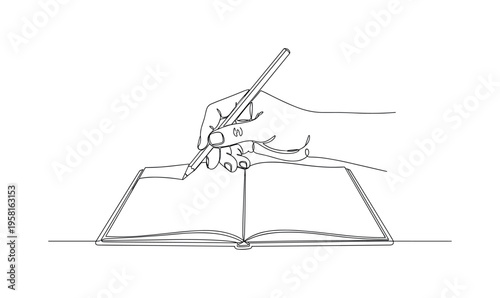 Sketching in Progress. Minimalistic one-line drawing hand holding pencil over open sketchbook page, continuous single black line on white background, simple