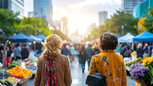 Two women at a bustling outdoor market, walking away from the viewer, with stalls and city in background
