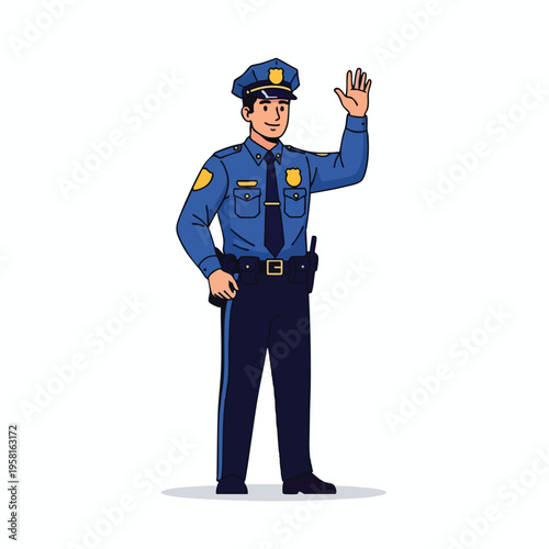 Smiling policeman in uniform waves hello, holding a firearm
