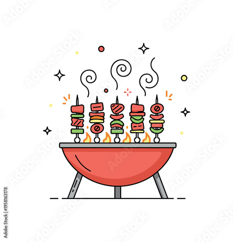 Barbecue skewers grilling several skewers with meat and vegetables cooking over a small grill while tiny sparks and smoke curls express lively barbecue