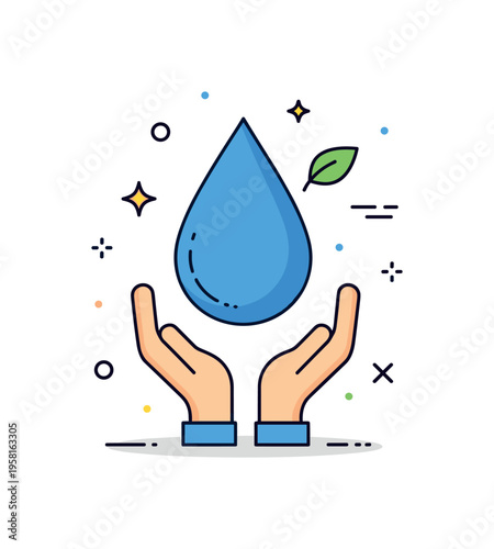 Saving water and natural resources illustrated by a large blue water droplet cradled by two small hands with a tiny leaf accent, symbolizing conservation and