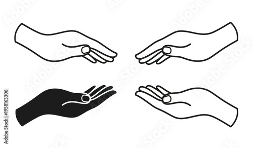 Four hands holding small objects in silhouette and line art styles