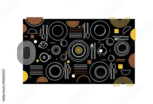 ethnic table setting with utensils and dishes abstract semicircles lines and geometric blocks symbolizing ceremonial food traditions black and white retro