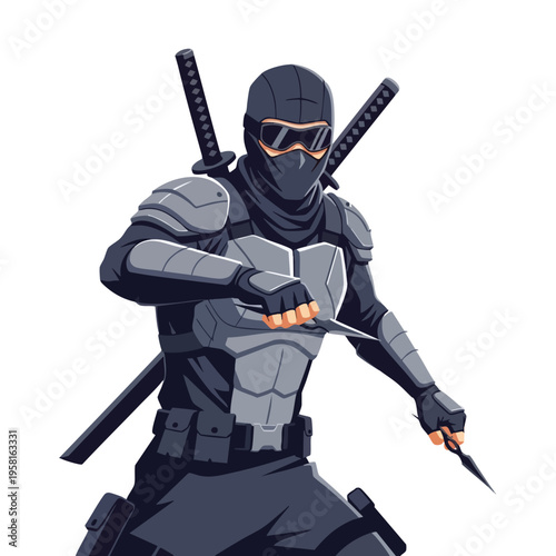 Armored warrior in dark uniform, wielding daggers, swords on back