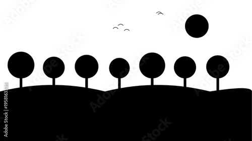 Set of 8 black silhouette trees on hill landscape vector isolated on Transparent Background