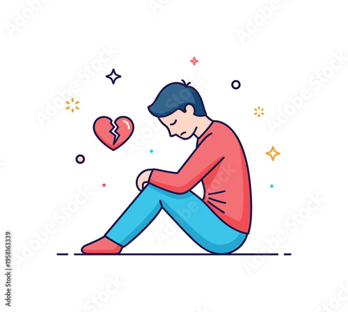 Emotional hurt quiet figure sitting with head slightly lowered while a small cracked heart symbol floats nearby. Gentle visual metaphor of inner