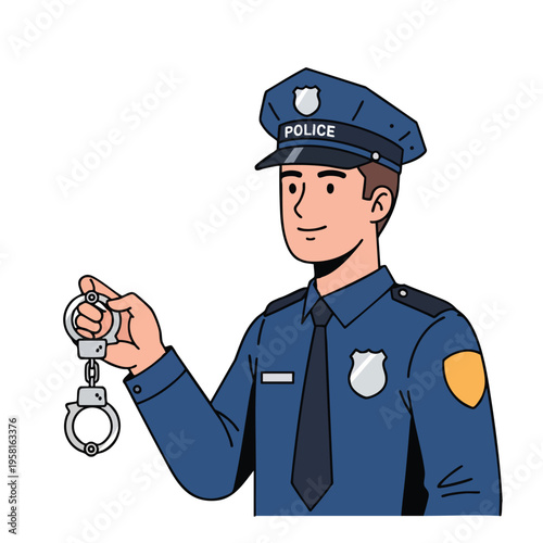 Smiling police officer in uniform holds up a pair of handcuffs