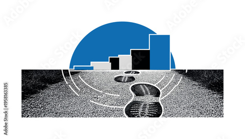 Monochrome close-up of footsteps on a gravel path, intersected by a large blue semicircle and abstract rectangular blocks symbolizing progress stages, thin