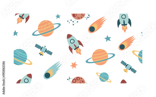 astronomy doodles planets with rings stars comets rockets and tiny satellites stylized as cheerful cosmic motifs, flat vector rounded forms, bright modern
