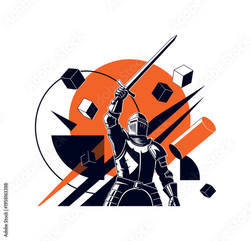 dramatic black and white medieval knight raising sword toward the sky, armor cut-out with white outline effect, bold orange circle behind the knight creating