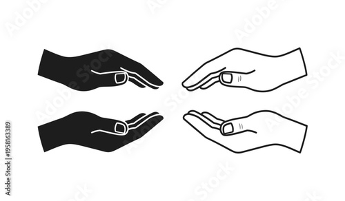 Four hands holding a small object in silhouette and line art passing it between each other in a circular motion silhouette