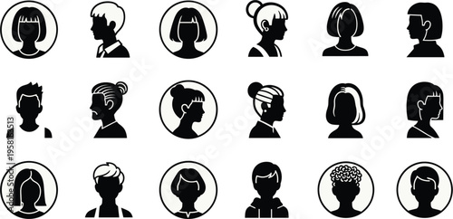 Collection of diverse human avatar silhouettes profile icons set representing different hairstyles genders identities minimal flat vector illustration isolated on light background clean modern