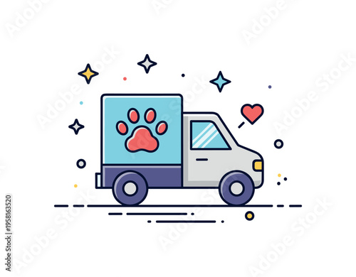Rescue transport moment illustrated by a simplified vehicle with paw print symbol and tiny heart accent, representing safe relocation and coordinated effort.