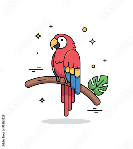 Scarlet parrot perched on a curved branch with subtle feather layering and a small tropical leaf accent, expressing vibrancy and natural grace. The composition