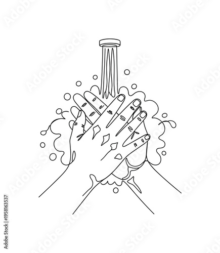 Washing Hands Thoroughly. Minimalistic one-line drawing hands rubbing together with water droplets emphasizing proper handwashing technique, continuous single