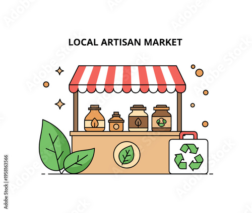 Local artisan market sustainability theme centered on a handcrafted product stall with leaf and recycle icons, expressing community support and low impact