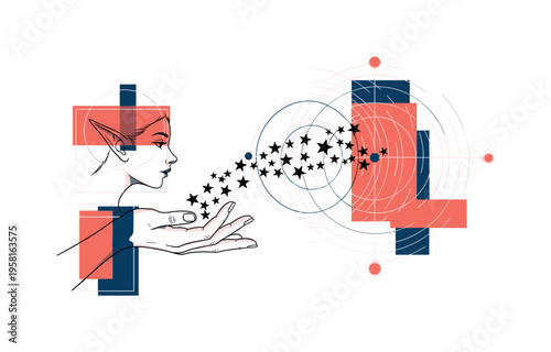 black-and-white elf hand releasing small star shapes from the palm, geometric circles and arcs radiating outward like magic waves, coral and navy accent