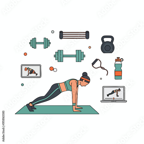 Woman planking on mat, surrounded by workout equipment and screens