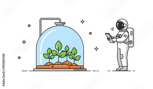 Mars greenhouse experiment where a small transparent dome protects a few bright green plants growing from Martian soil while an astronaut checks a tablet