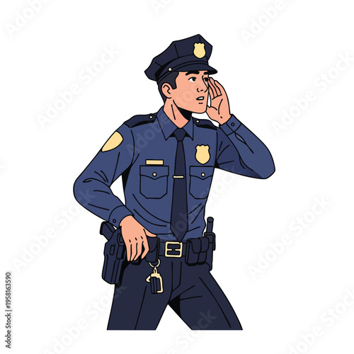 Officer speaks into hand, looking to the side, on white background