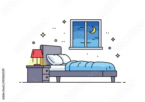 Calming bedroom interior designed for restful sleep featuring a neatly made bed with soft pillows, a small bedside lamp casting warm light, and a gentle moon