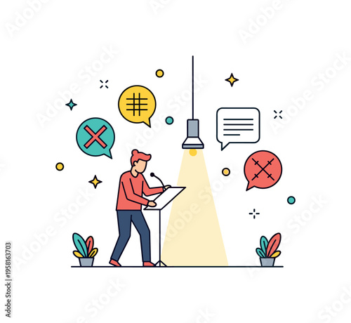 Performance art activism stage scene with a performer figure under a small spotlight while protest symbols and speech bubbles appear around them. The