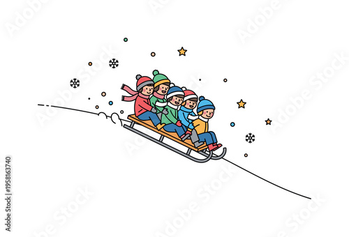 Winter childhood joy small group of kids sliding down a snowy hill together on a sled while stars and snowflakes surround the playful scene. The illustration