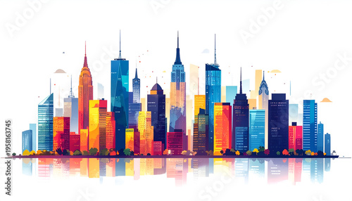 Multicolored skyline illustration of New York City with vibrant reflections and urban landscape
