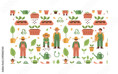 seedling production pattern seamless pattern, farmers planting seeds, seed trays, sprouting seedlings, watering cans and eco symbols arranged in a repeating
