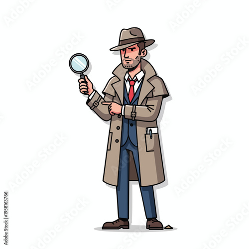 A cartoon detective in a trench coat and fedora examines evidence with a magnifying glass