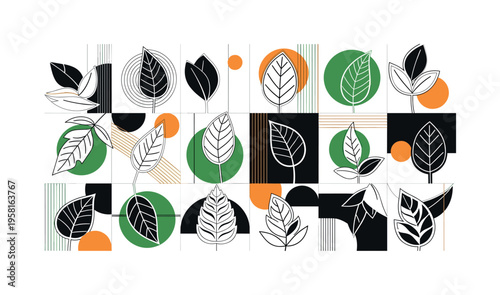 vector pattern built from stylized black and white leaves and circular shapes arranged in a repeating grid, objects cut out with white outline effect, large