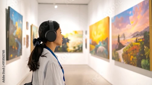 Woman wearing headphones at art gallery, viewing paintings on wall