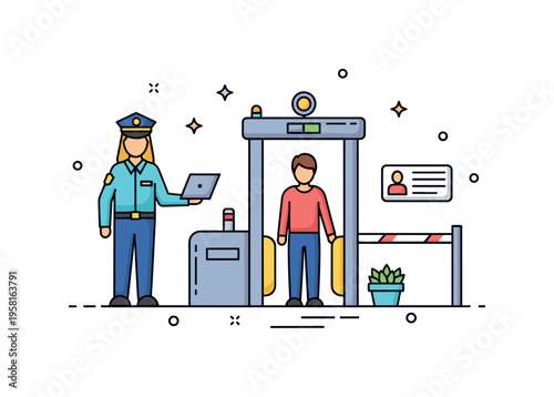Safety checkpoint entrance security officer standing beside a checkpoint gate while a person passes through a simple inspection area. Clear scene illustrating