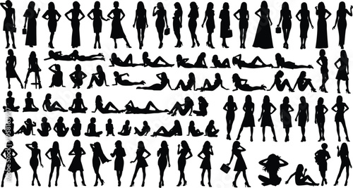 Large collection of female silhouettes in various poses standing sitting walking fashion women figures isolated on white background minimal vector illustration set