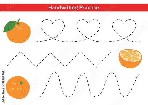 Colorful vector oranges worksheet with three horizontal handwriting practice paths for kids. dashed lines and cute elements help children develop fine motor skills and early writing.
