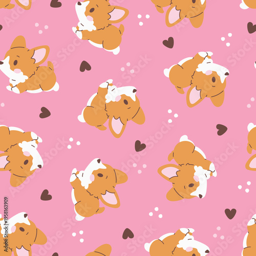 Cute seamless pattern with kawaii corgi puppies on pink background. Adorable cartoon dogs with hearts and soft decorative elements in flat style. Perfect for nursery design, kids products, textile pri