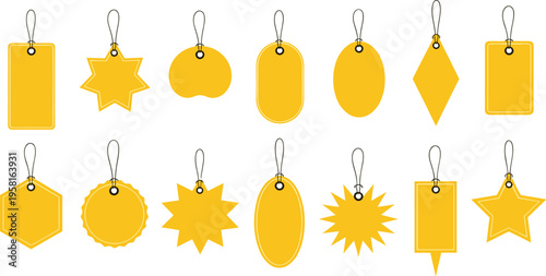 Blank Golden Gift Tag Collection with Various Shapes for Price Labels, Branding, Holiday Packaging, Retail Stickers, and Promotional Product Design Templates