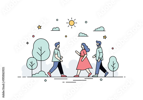 Cheerful people walking in the park in light clothes enjoying a sunny afternoon with gentle tree silhouettes and a small sun icon above, expressing freedom and