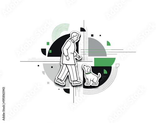 elderly person walking with pet abstract semicircles lines and geometric blocks symbolizing companionship and active lifestyle black and white retro human