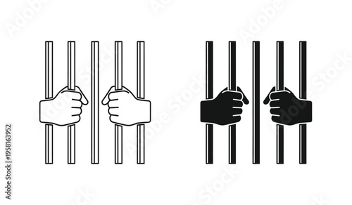 Silhouette of hands grasping prison bars contrasting black and white fists