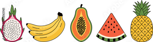 Tropical Fruit Collection Set Featuring Dragon Fruit Banana Papaya Watermelon and Pineapple in Colorful Hand Drawn Style for Fresh Food Design