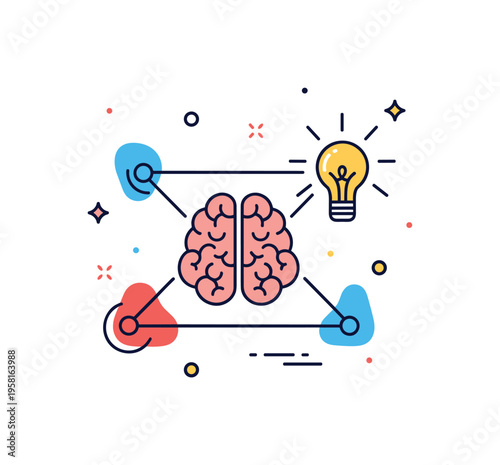 Brain and creative cognition concept centered on a neural brain icon linked with abstract shapes and a glowing idea spark. The scene expresses the relationship